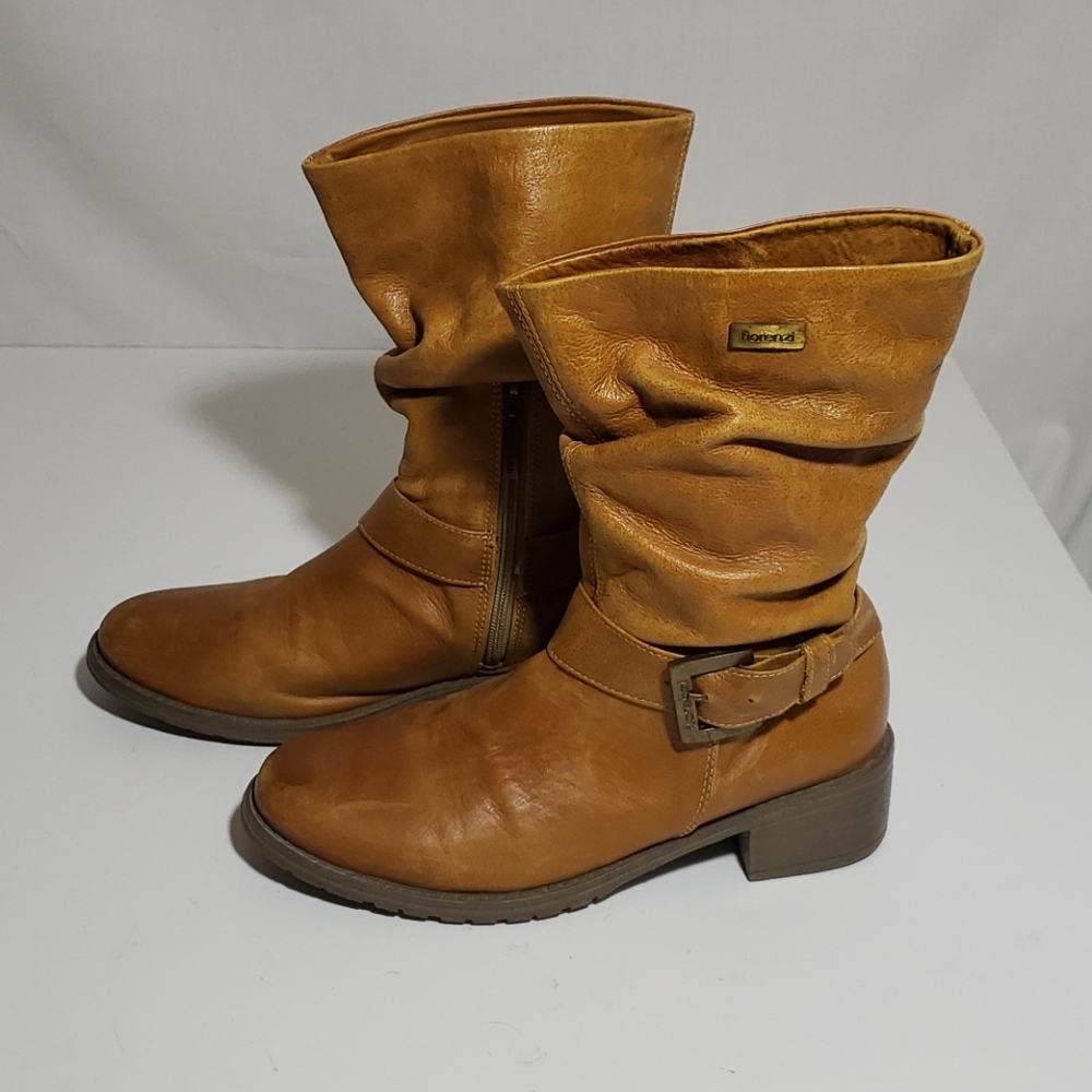Florenzi, leather boots, low heels, size 6, Tan, round toe flats, rubber soles